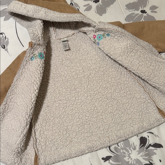 Little Me Tan Kids Puffer Jacket with Floral Embroidery - Picture 3 of 5